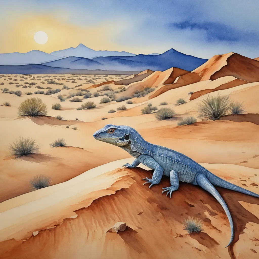 a painting of a lizard on a desert landscape with mountains in the background and a sun setting in the sky, american scene painting, an illustration of, Adam Rex, illustration