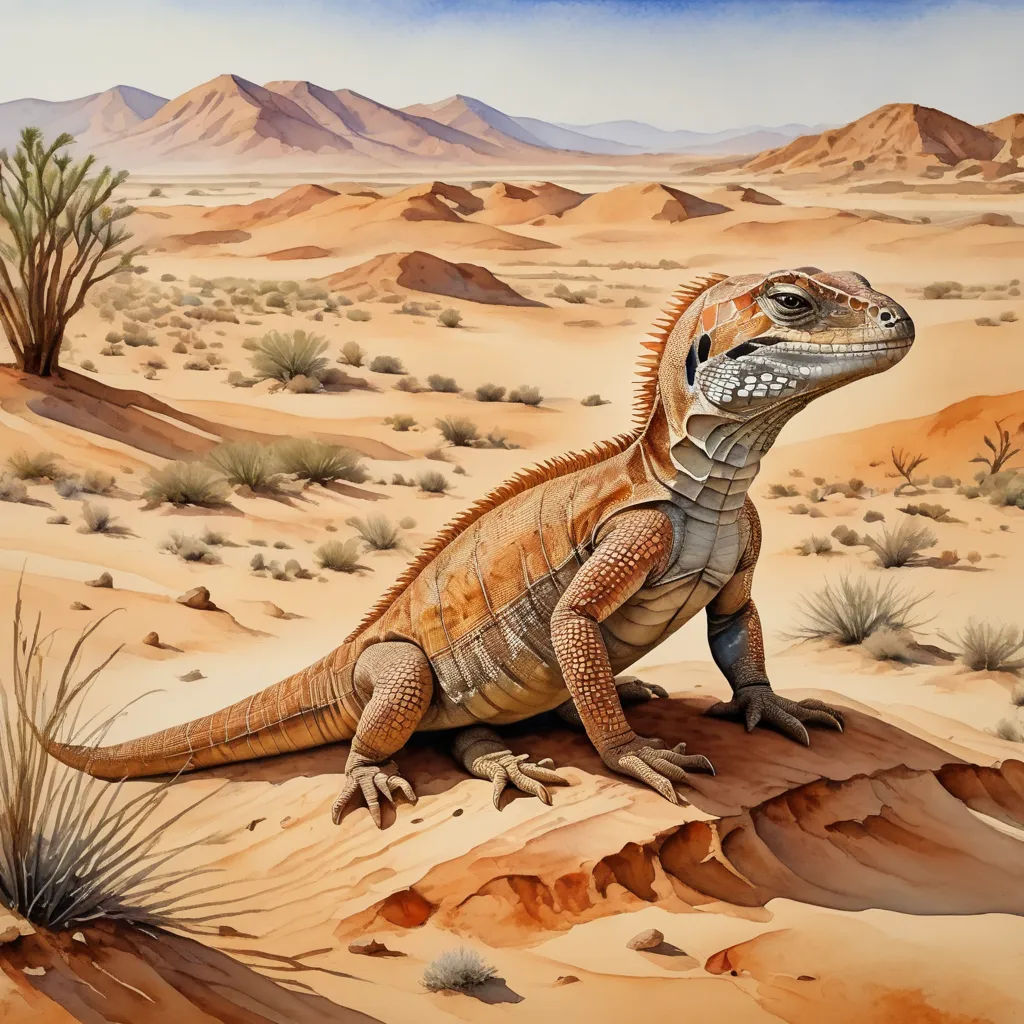 a painting of a lizard in the desert with mountains in the background and a desert landscape in the foreground, primitivism, an illustration of, Adam Rex, highly detailed digital painting