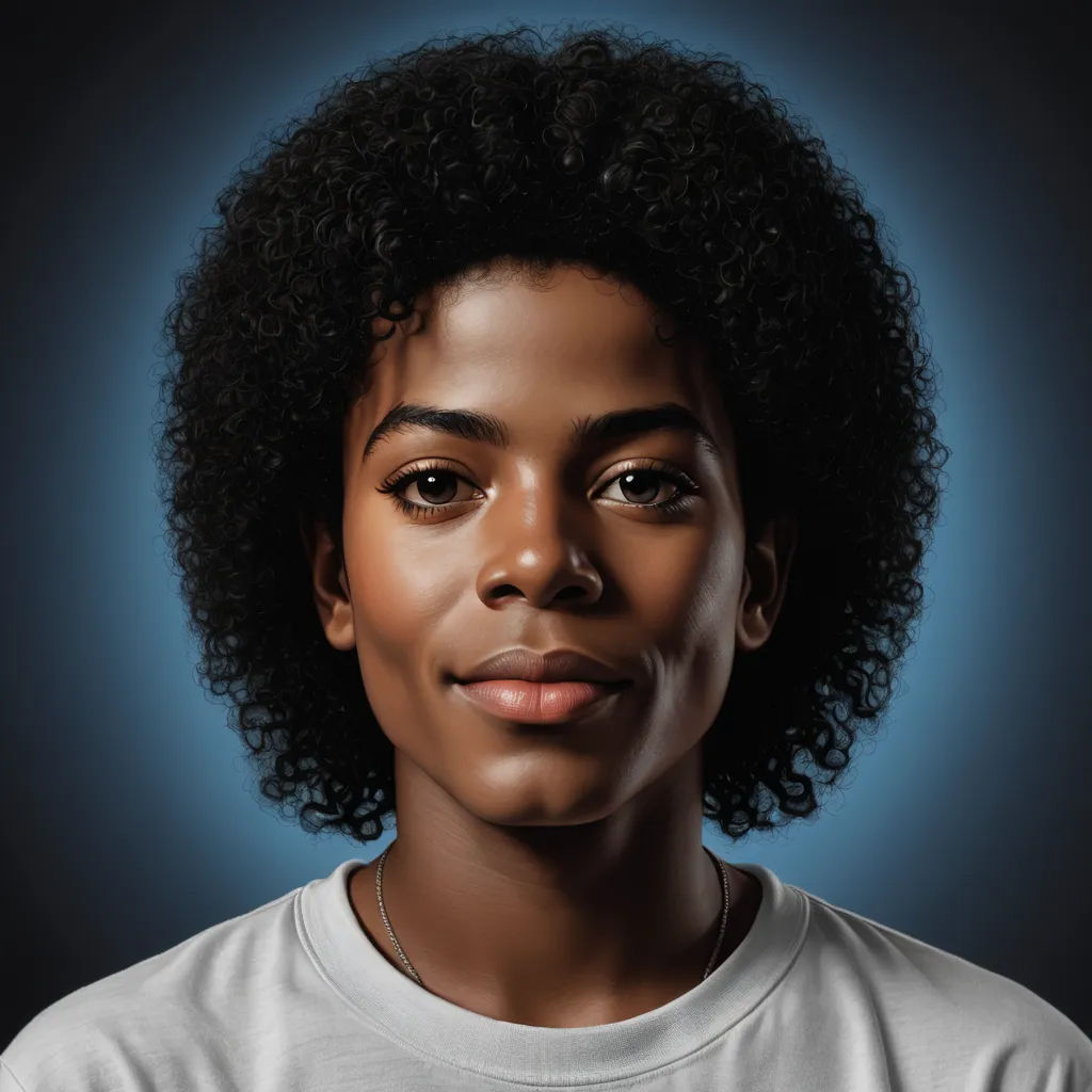a woman with a black afro is shown in a portrait photo with a blue background and a black background, hyperrealism, a character portrait, Chris LaBrooy, digital portrait