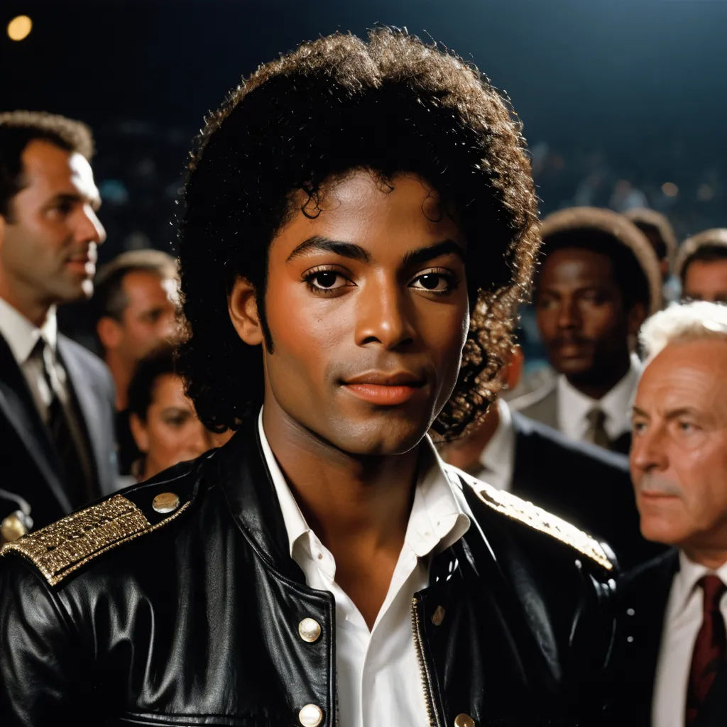 a man in a leather jacket standing in front of a crowd of people in suits and ties, with a microphone in his ear, black arts movement, a colorized photo, Darrell Riche, promotional image