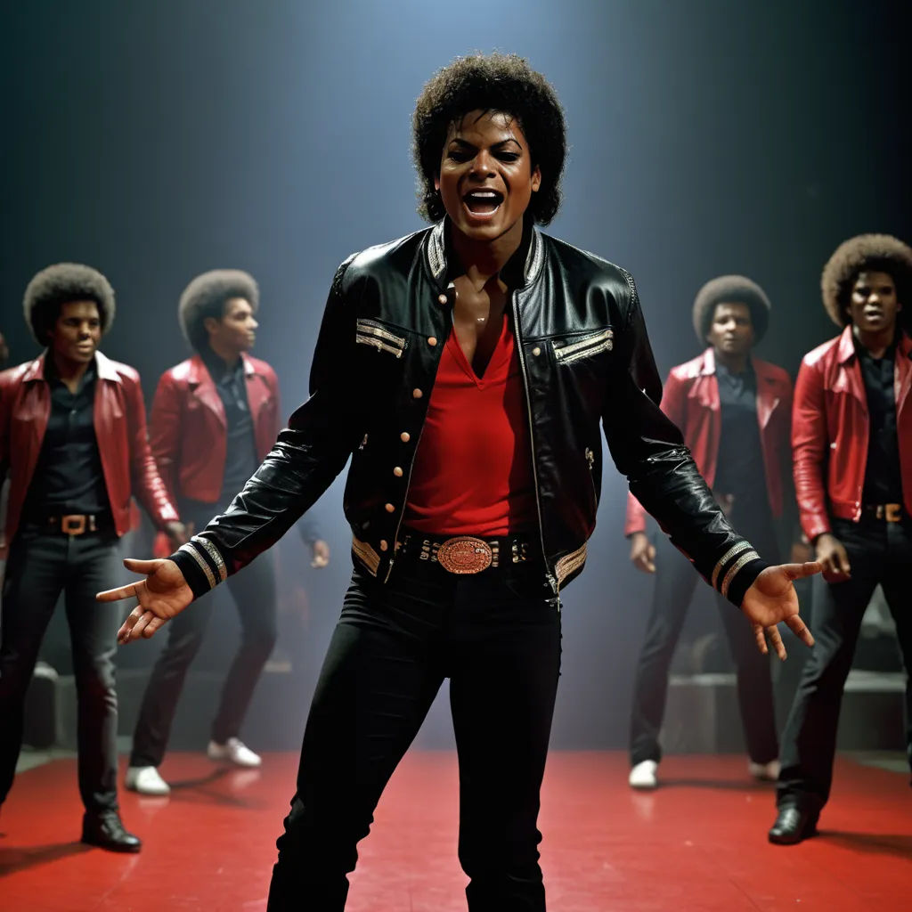 a man in a leather jacket and red shirt is dancing with other men in black and red outfits behind him, black arts movement, a colorized photo, A. B. Jackson, promotional image