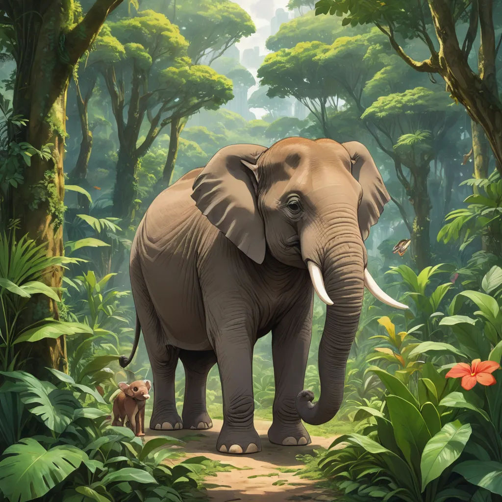 an elephant is walking through a jungle with a dog nearby on a path in the foreground, and a forest with trees and flowers in the background, sumatraism, a digital painting, Chris LaBrooy, highly detailed digital painting