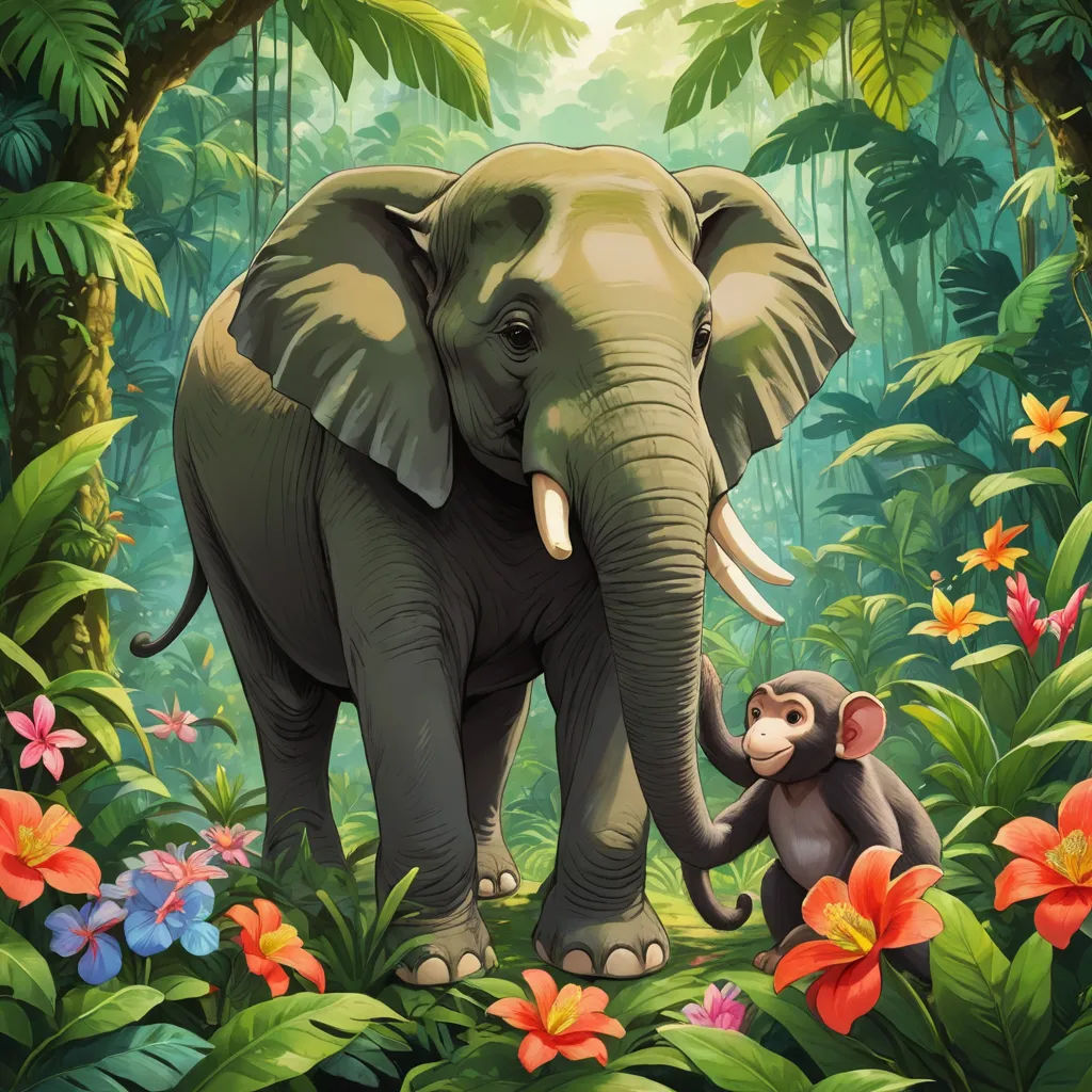 a painting of an elephant and a monkey in a jungle with flowers and trees around it, with a sun shining through the trees, sumatraism, a storybook illustration, Chris LaBrooy, highly detailed digital painting