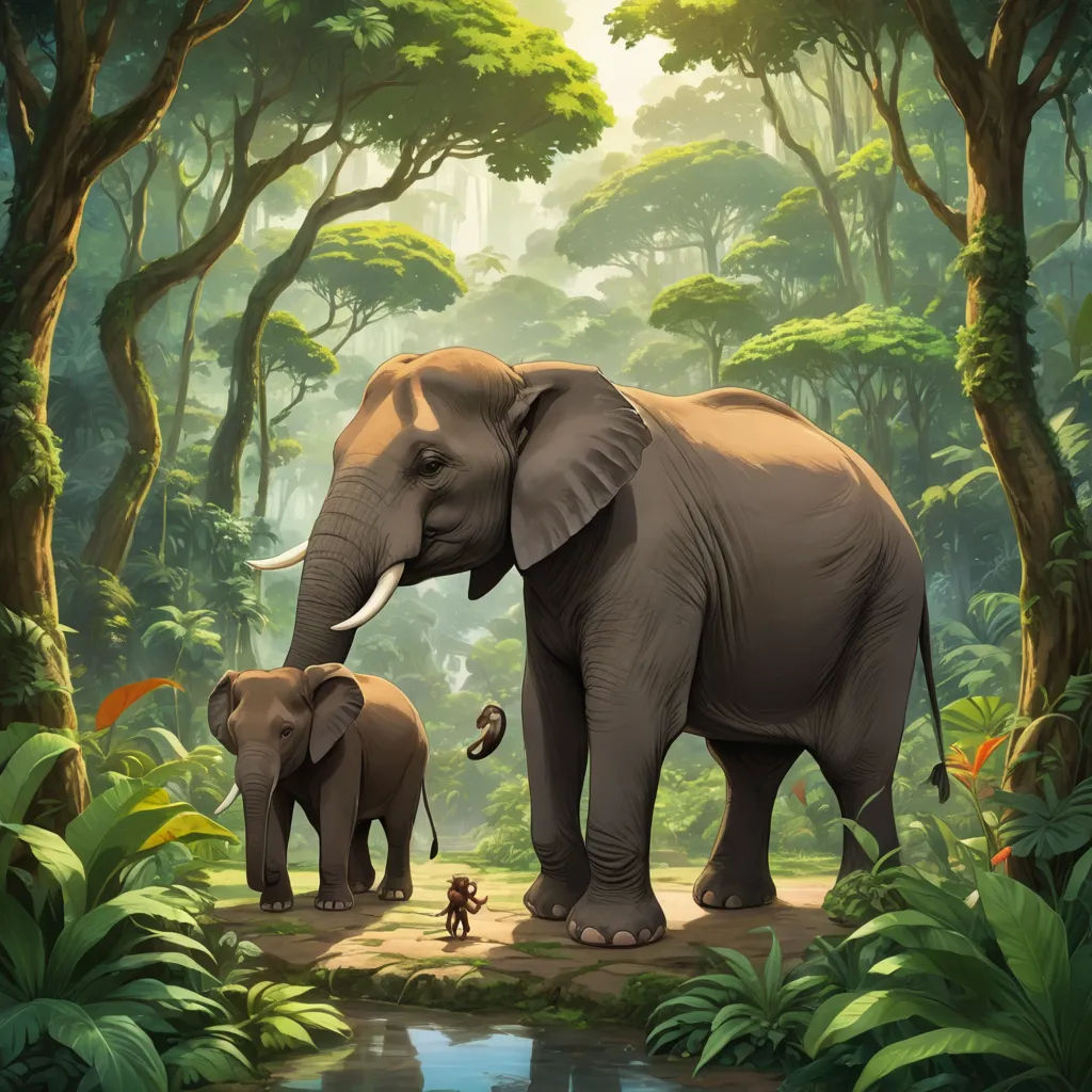a couple of elephants standing in a forest next to a river and trees with a man standing on the other side of the elephant, sumatraism, a detailed matte painting, Chris LaBrooy, jungle