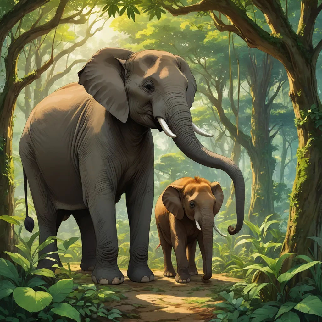 a couple of elephants standing in a forest with trees and bushes behind them, with a baby elephant standing next to them, sumatraism, a digital painting, Chris LaBrooy, magic the gathering artwork