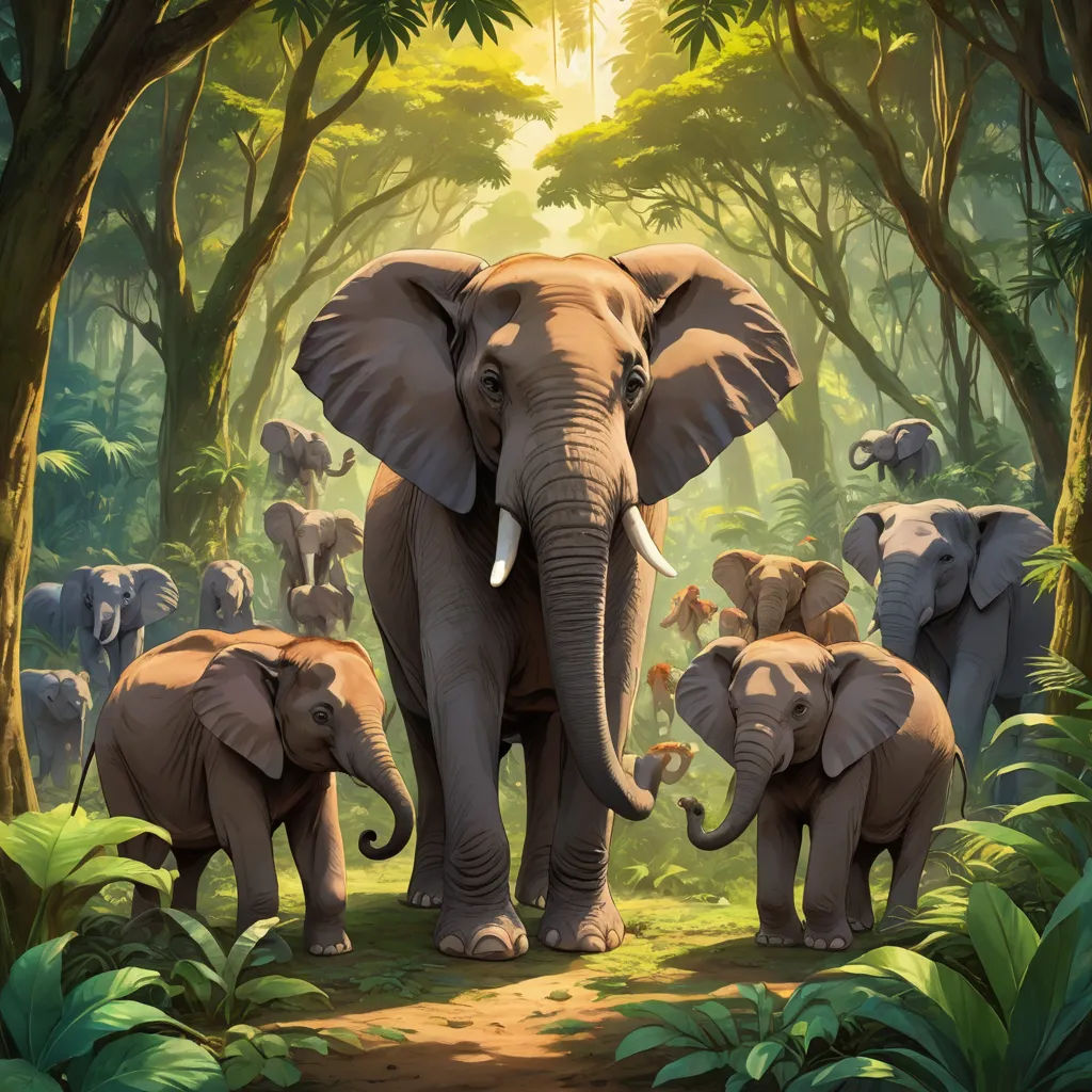 a group of elephants walking through a forest filled with trees and plants, with a baby elephant standing between them, sumatraism, a storybook illustration, Chris LaBrooy, highly detailed digital painting