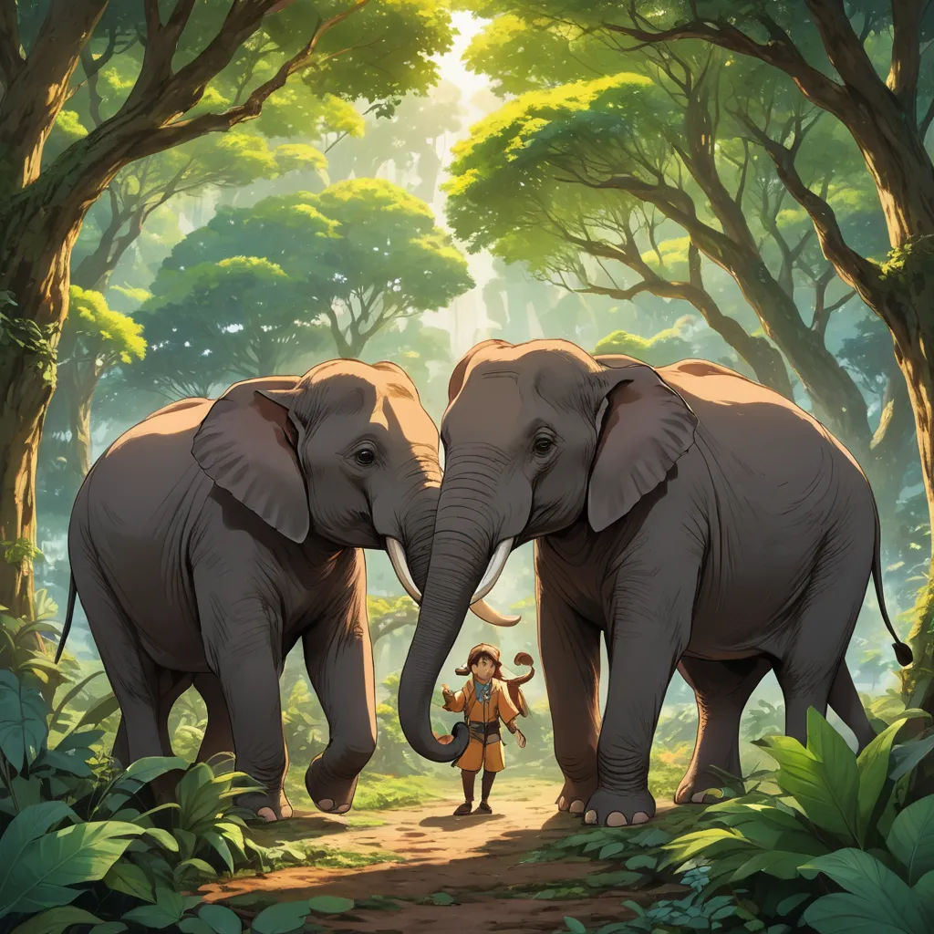 two elephants standing in the middle of a forest with a man standing next to them holding a stick in their trunk, fantasy art, a storybook illustration, Chris LaBrooy, official art