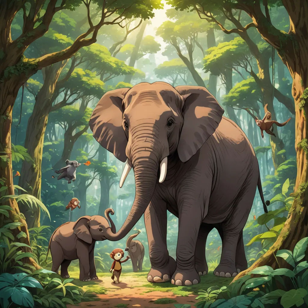 a painting of an elephant and its baby in a forest with other animals in the background and a man standing in the foreground, sumatraism, a storybook illustration, Chris LaBrooy, jungle