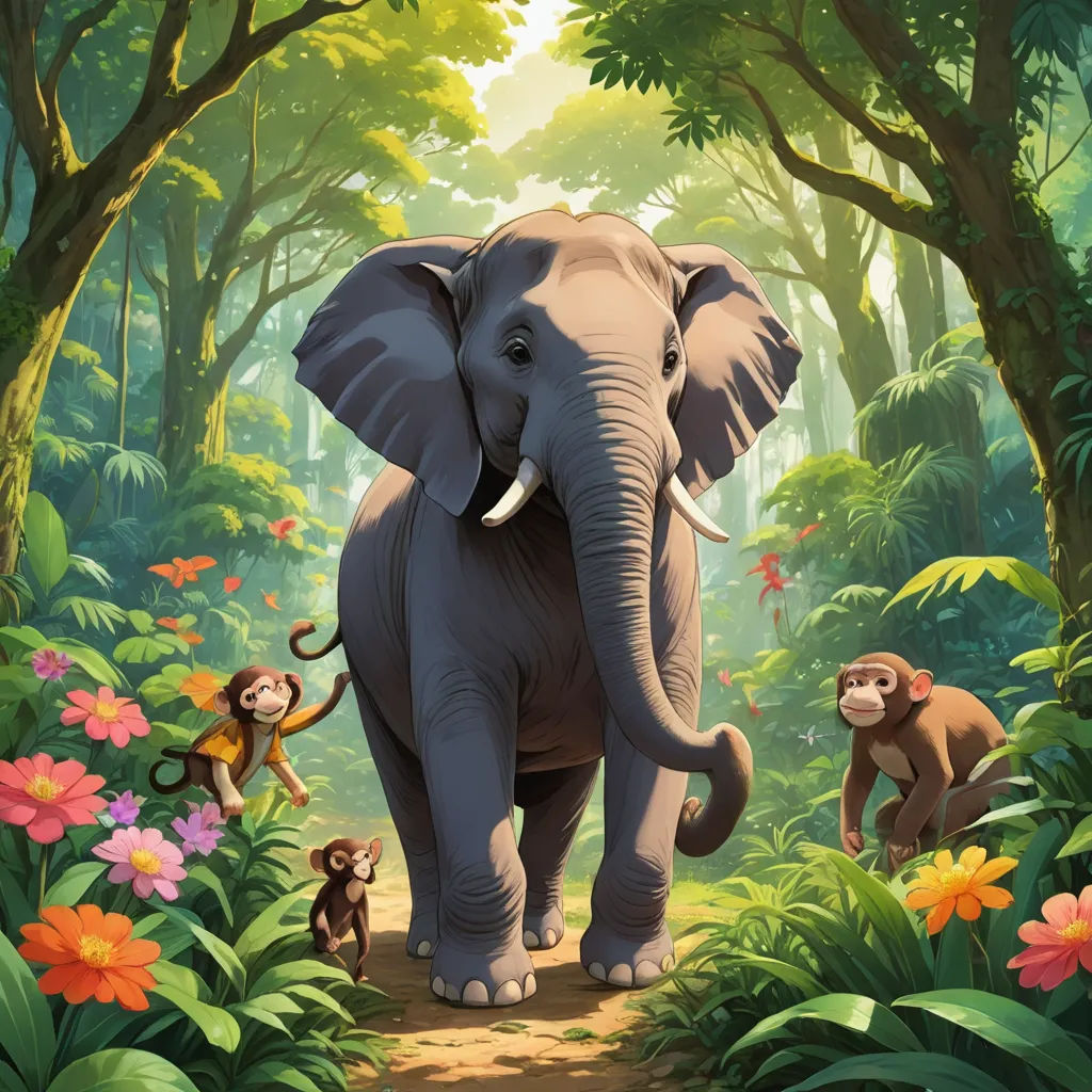 a painting of an elephant and monkeys in a jungle setting with flowers and trees around it, and a path leading to the elephant, sumatraism, a storybook illustration, Chris LaBrooy, promotional image
