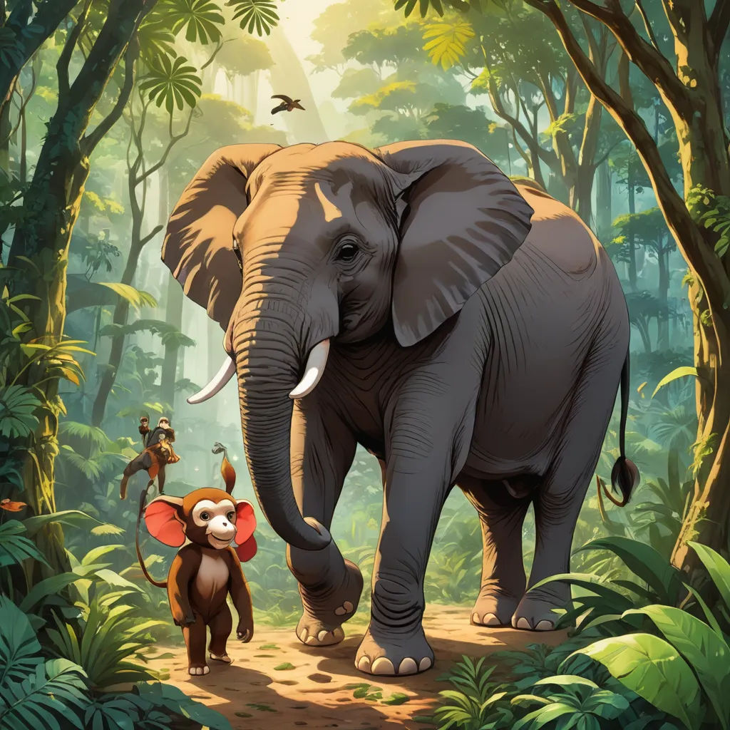 a painting of an elephant and a monkey in a jungle with trees and birds in the background, with a bird flying above, sumatraism, a storybook illustration, Chris LaBrooy, promotional image
