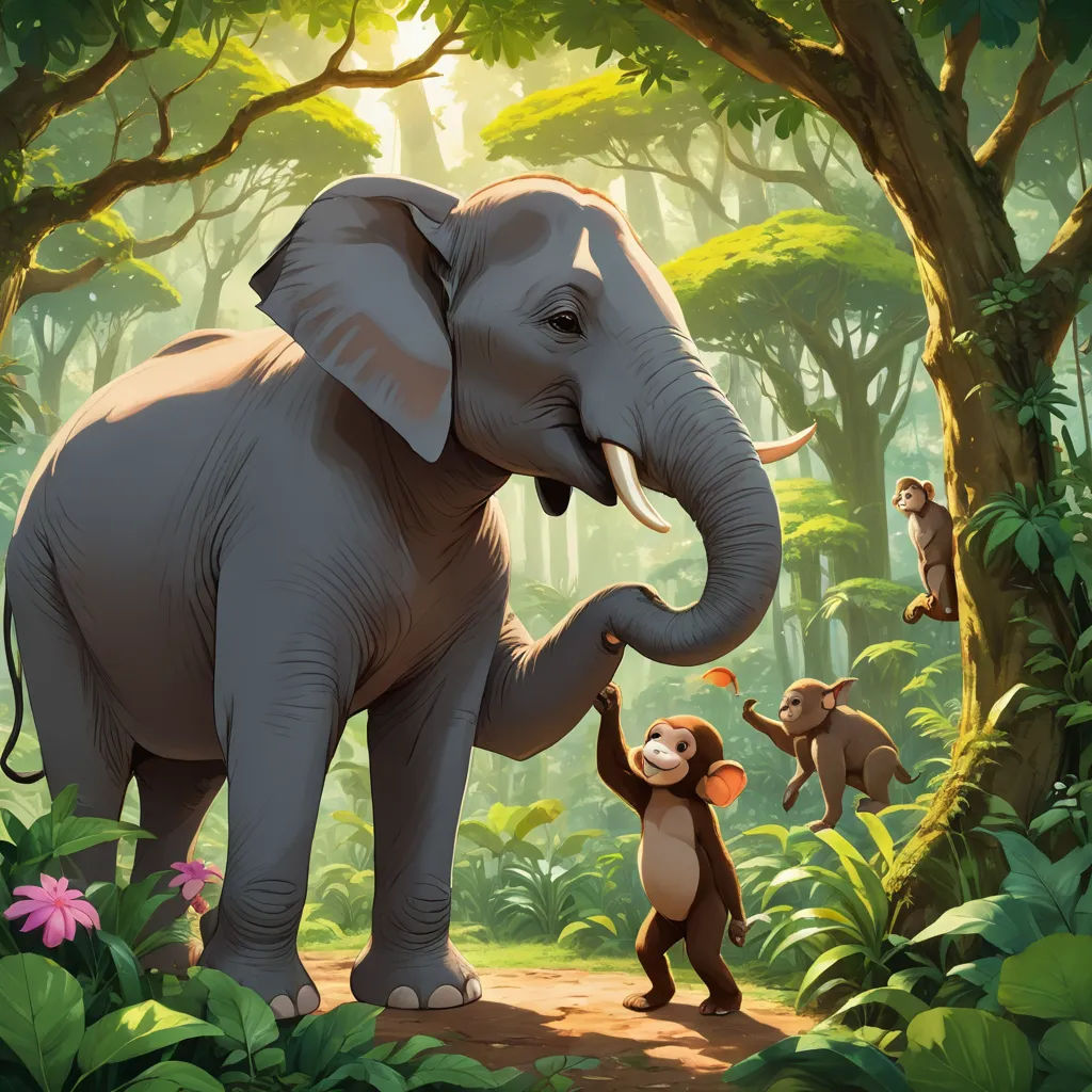 a painting of an elephant and a monkey in a jungle with trees and flowers in the background, with a monkey holding a banana, sumatraism, a storybook illustration, Chris LaBrooy, official art