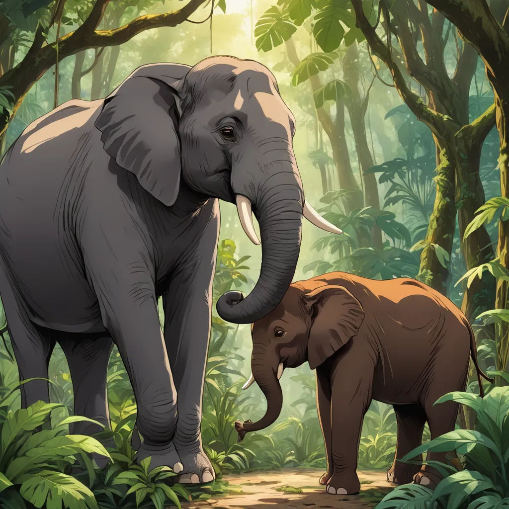 a couple of elephants walking through a forest filled with trees and plants, with a baby elephant standing next to it, sumatraism, a storybook illustration, Chris LaBrooy, official art
