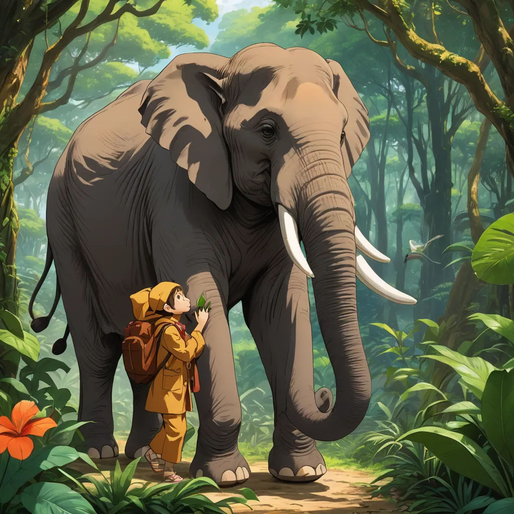 a man standing next to an elephant in a forest with trees and flowers around him and a woman standing next to it, magical realism, a storybook illustration, Diego Gisbert Llorens, storybook illustration