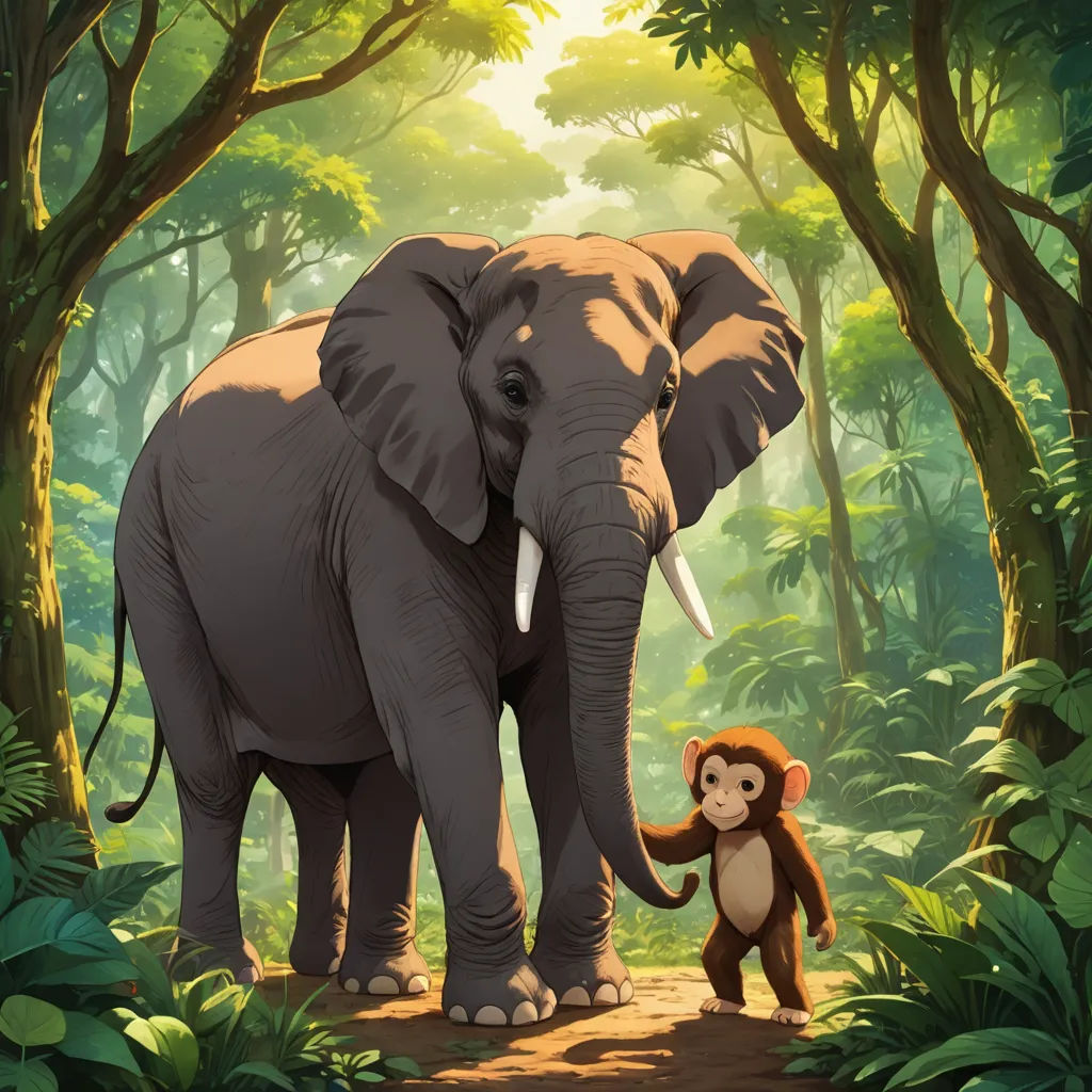 a monkey and an elephant in a jungle scene with trees and bushes and a sunbeam in the background, sumatraism, a storybook illustration, Chris LaBrooy, official art