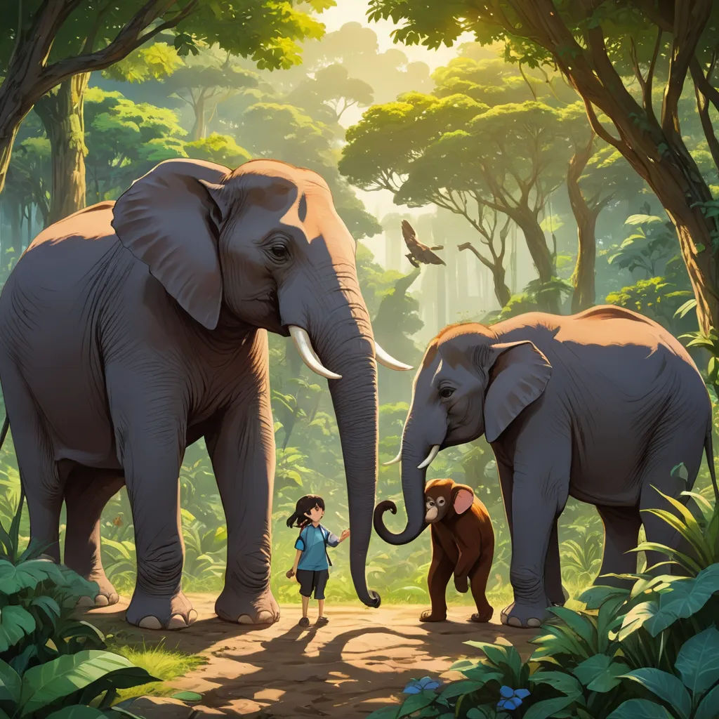 a painting of two elephants and a girl in the jungle with birds flying above them and a bird on the ground, sumatraism, a storybook illustration, Chris LaBrooy, promotional image