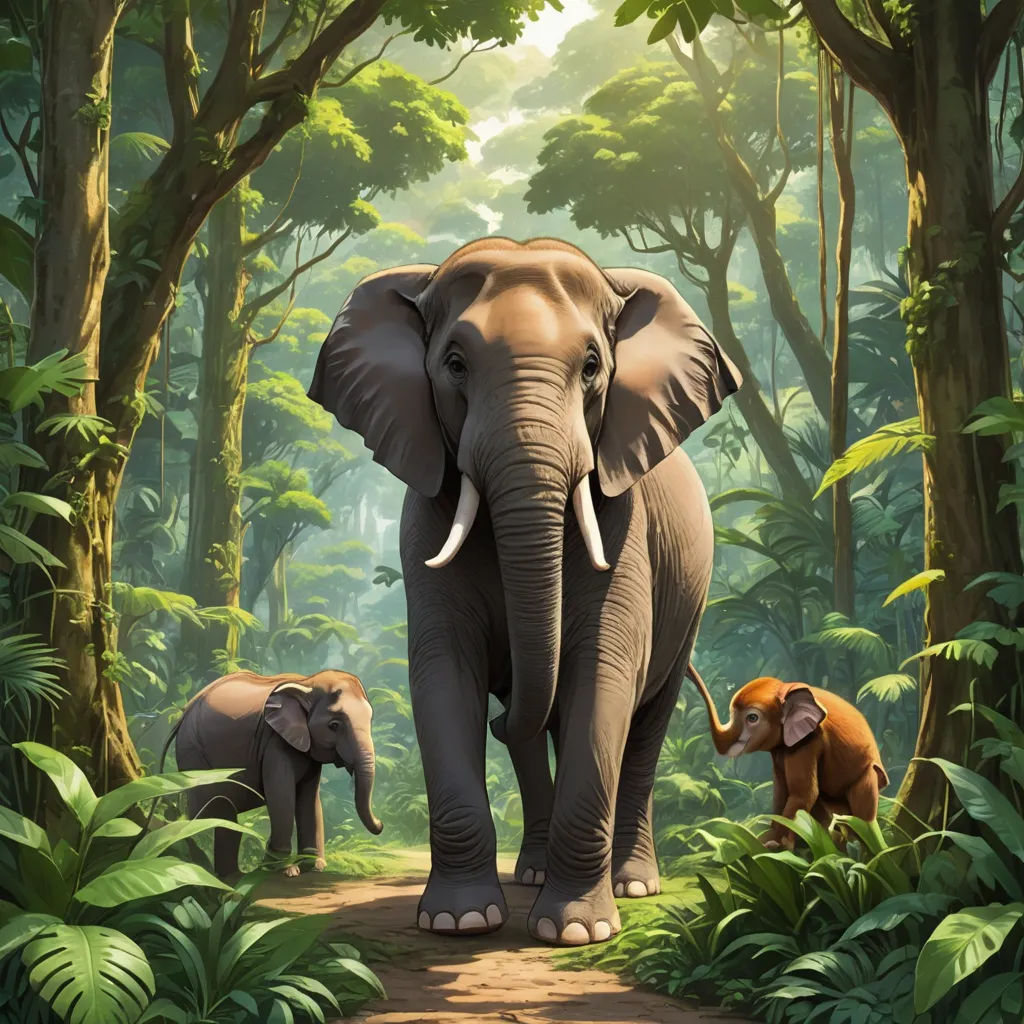 a painting of an elephant and a baby elephant in a jungle setting with trees and plants and foliages, sumatraism, a detailed matte painting, Chris LaBrooy, jungle