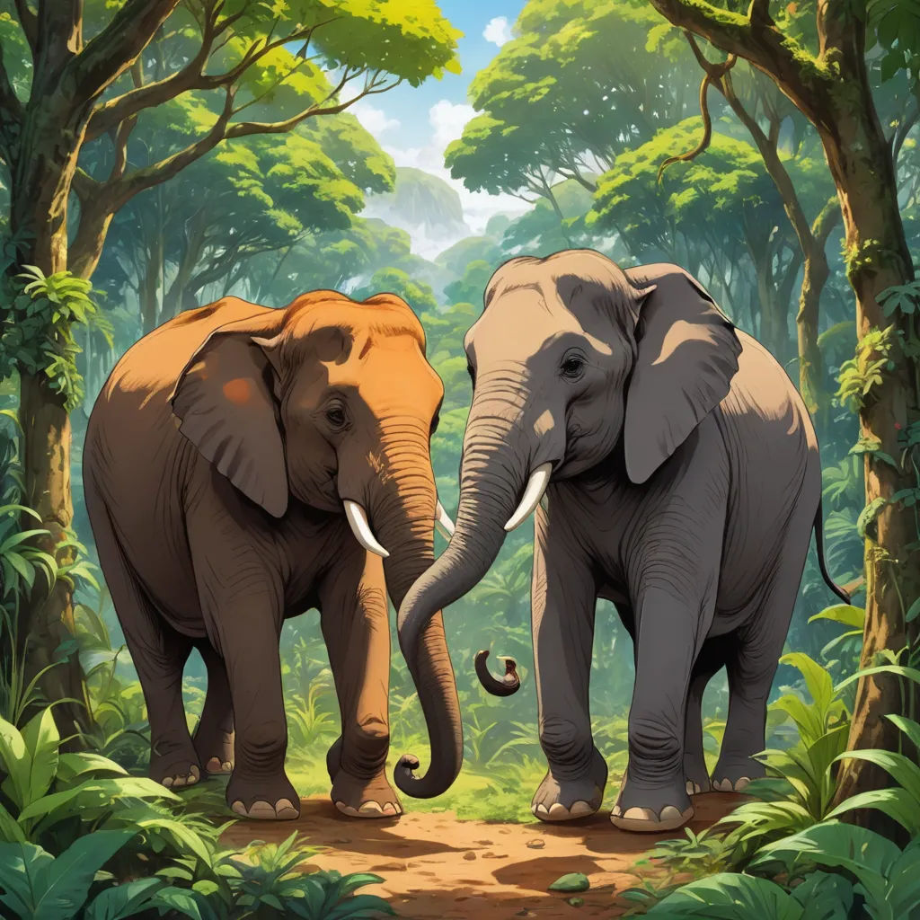 two elephants are walking through a jungle with trees and bushes on either side of them, one is touching the other's trunk, sumatraism, a storybook illustration, Chris LaBrooy, highly detailed digital painting