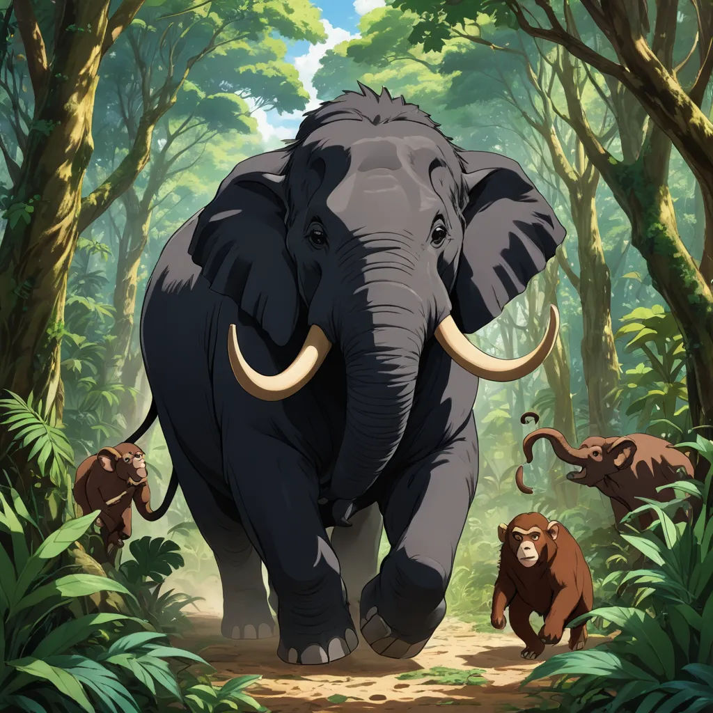 a group of animals walking through a forest filled with trees and plants, with a baby elephant in the foreground, sumatraism, a detailed matte painting, Chris LaBrooy, official art