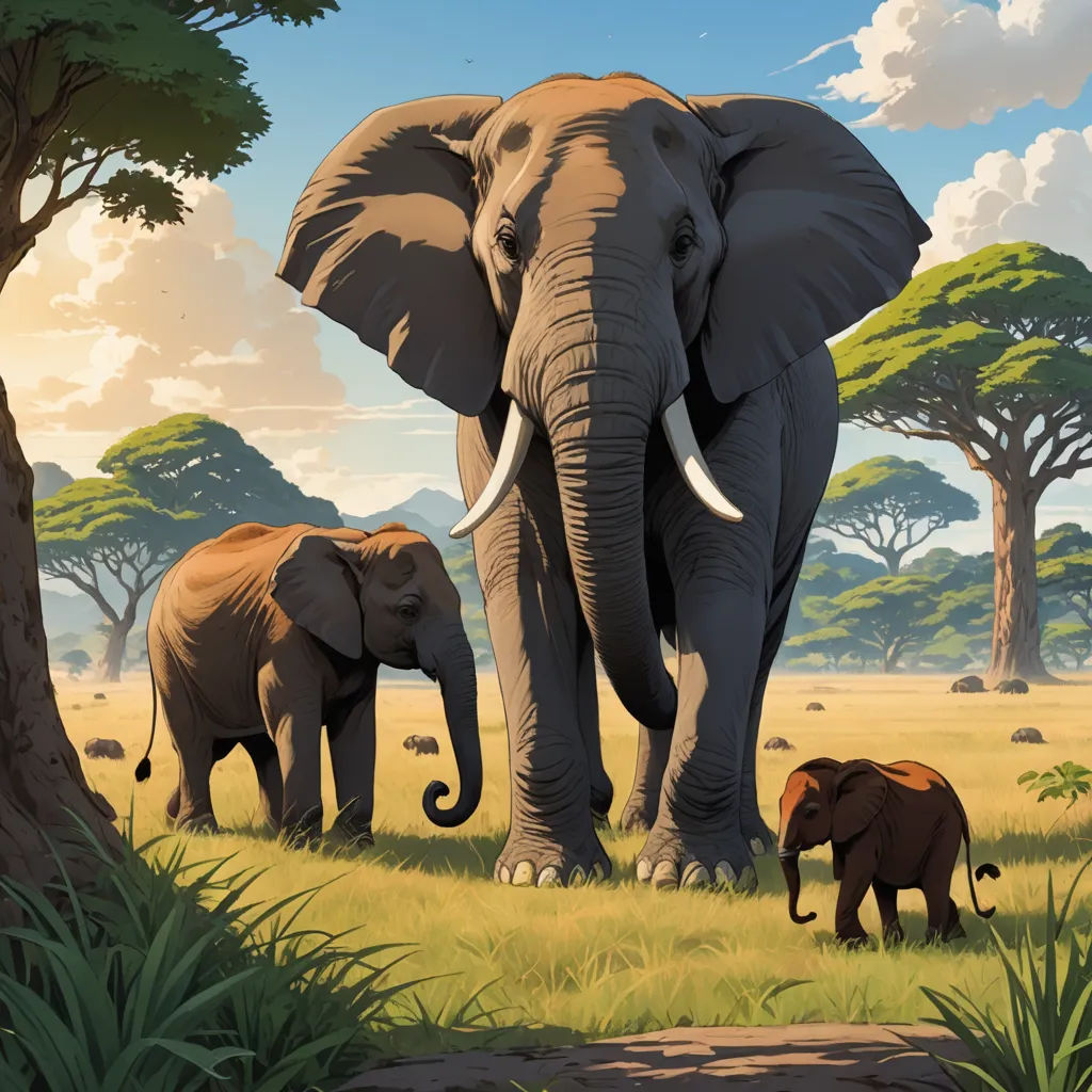 a painting of two elephants and a baby elephant in a field with trees and grass in the background, with a sky background, sumatraism, a digital painting, Chris LaBrooy, highly detailed digital painting