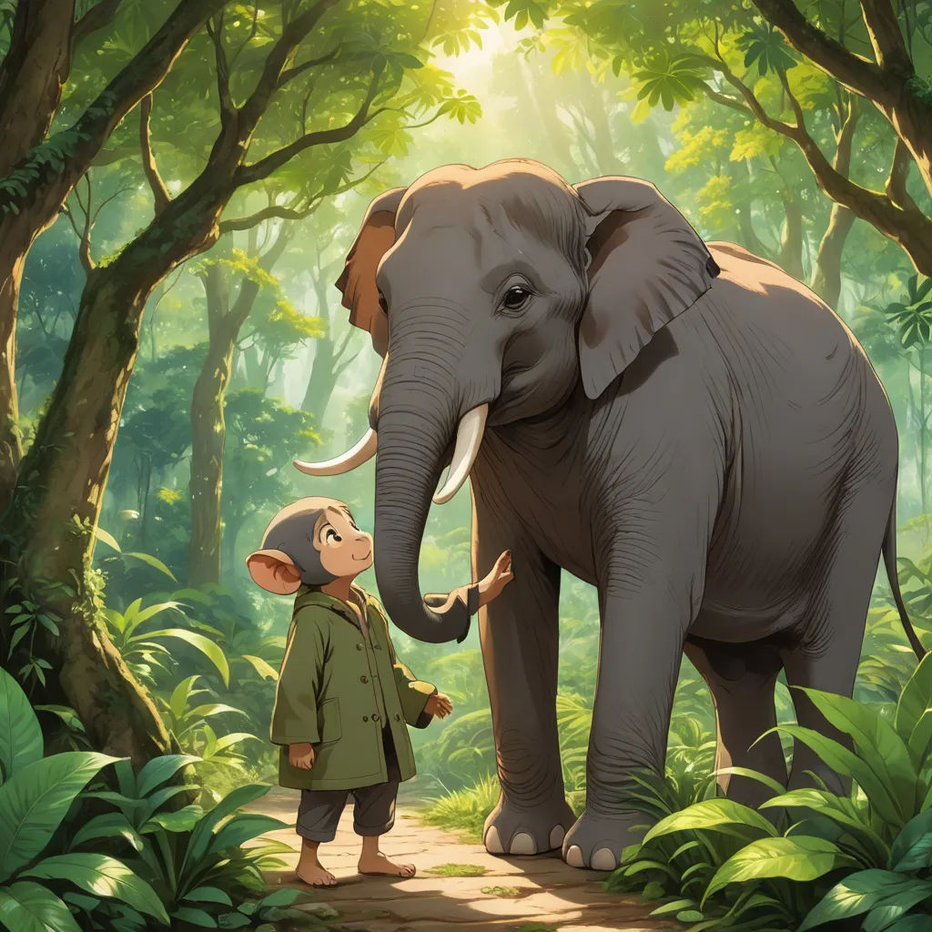 a boy standing next to an elephant in a forest with a person standing next to it and a giant elephant, furry art, a storybook illustration, Chris LaBrooy, official art