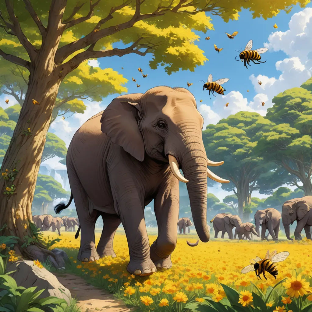 a painting of an elephant in a field of flowers and bees with a tree and a few bees flying around, fantastic realism, a painting, Chris LaBrooy, intricate environment