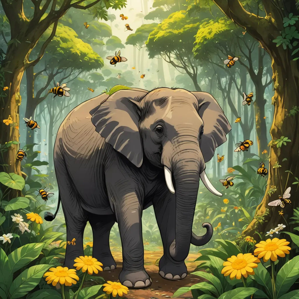 an elephant in a forest with bees flying around it's neck and trunk, with a background of trees and flowers, fantasy art, a storybook illustration, Chris LaBrooy, game art