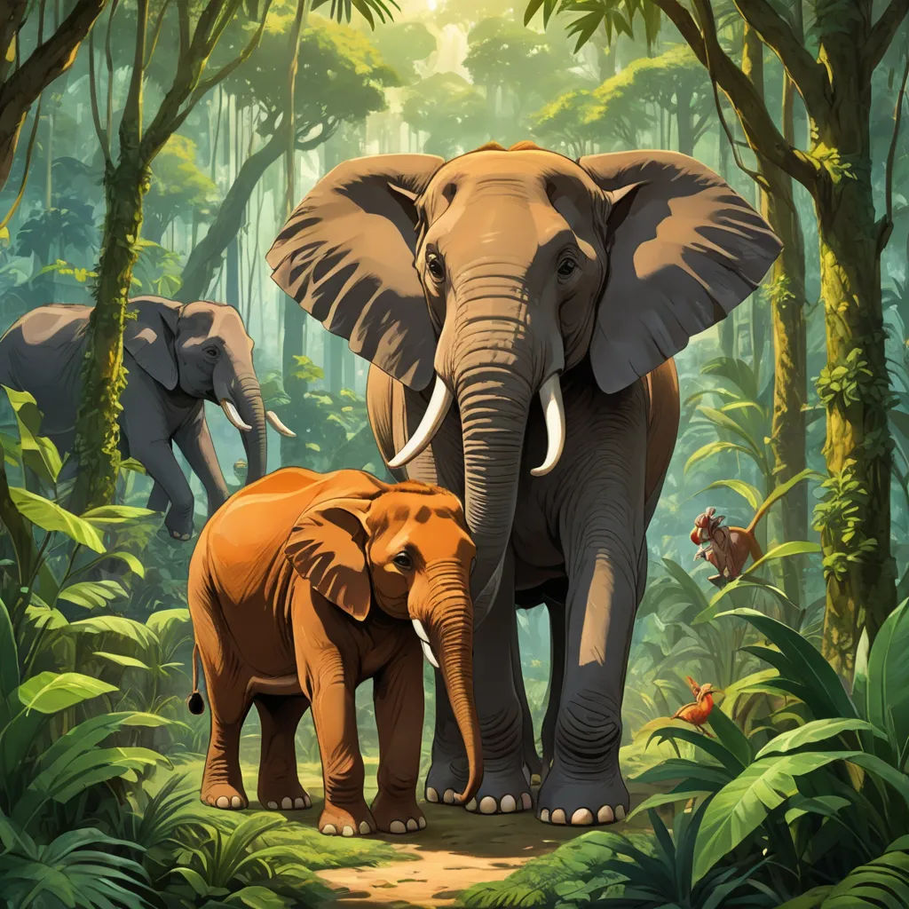 a couple of elephants standing in a forest filled with trees and plants and plants around them are all painted in different colors, sumatraism, a storybook illustration, Chris LaBrooy, jungle