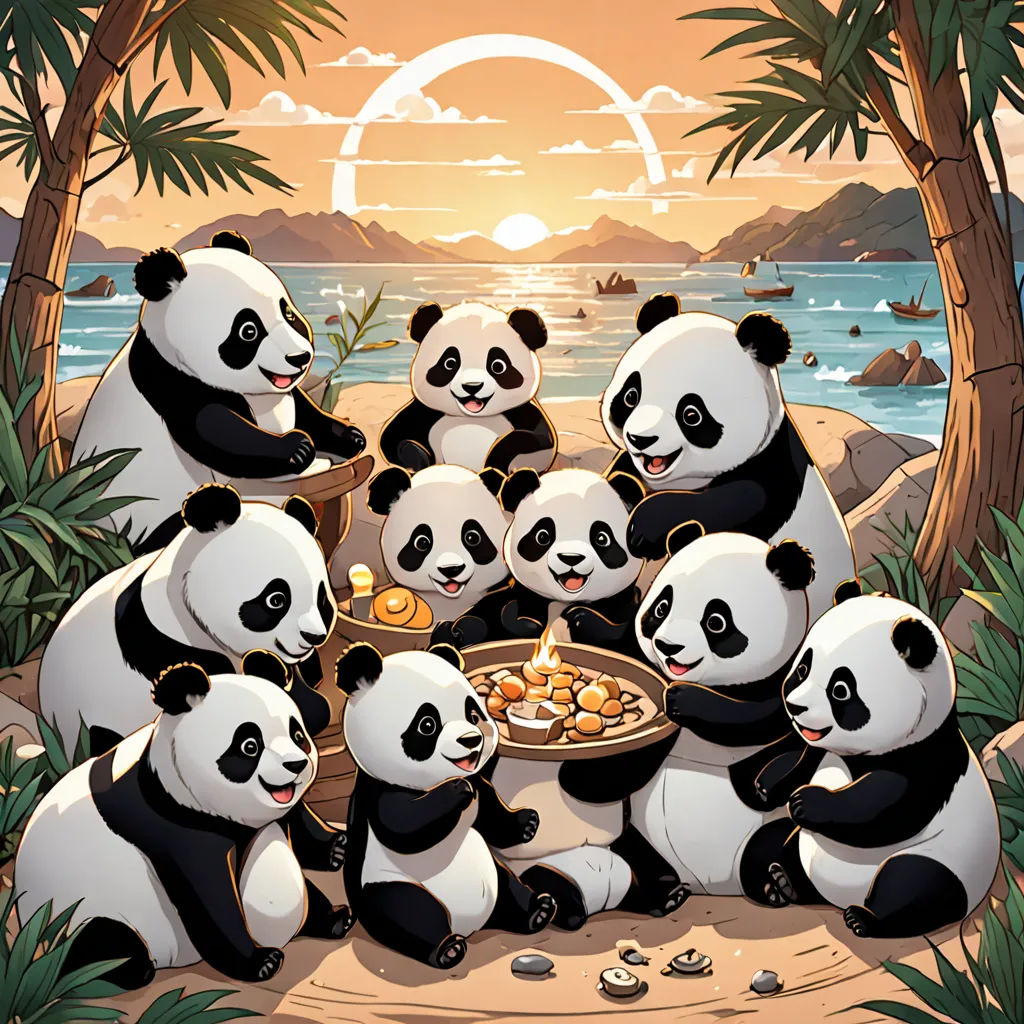 a group of panda bears sitting on a beach eating food from a bowl and eating from a bowl of food, pop surrealism, a storybook illustration, Dan Mumford, league of legends splash art