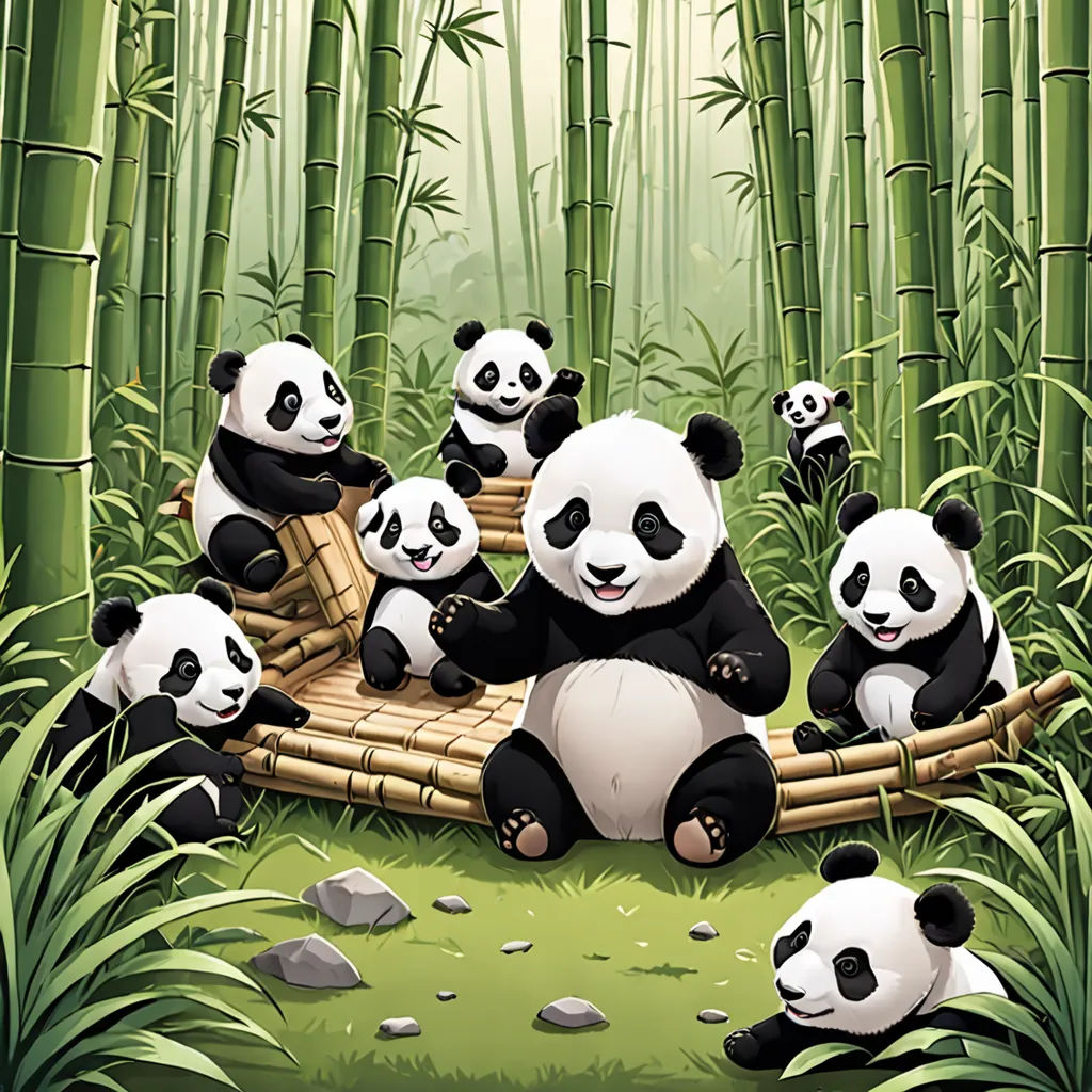 a group of pandas sitting on a bamboo raft in a bamboo forest with bamboo trees and rocks around them, dau-al-set, a storybook illustration, Ding Guanpeng, official art