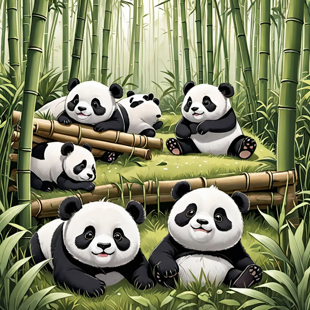a group of pandas sitting on bamboo logs in a forest of bamboo trees and bamboo stalks, with one panda laying on the bamboo, fantasy art, a storybook illustration, Adrian Zingg, game art