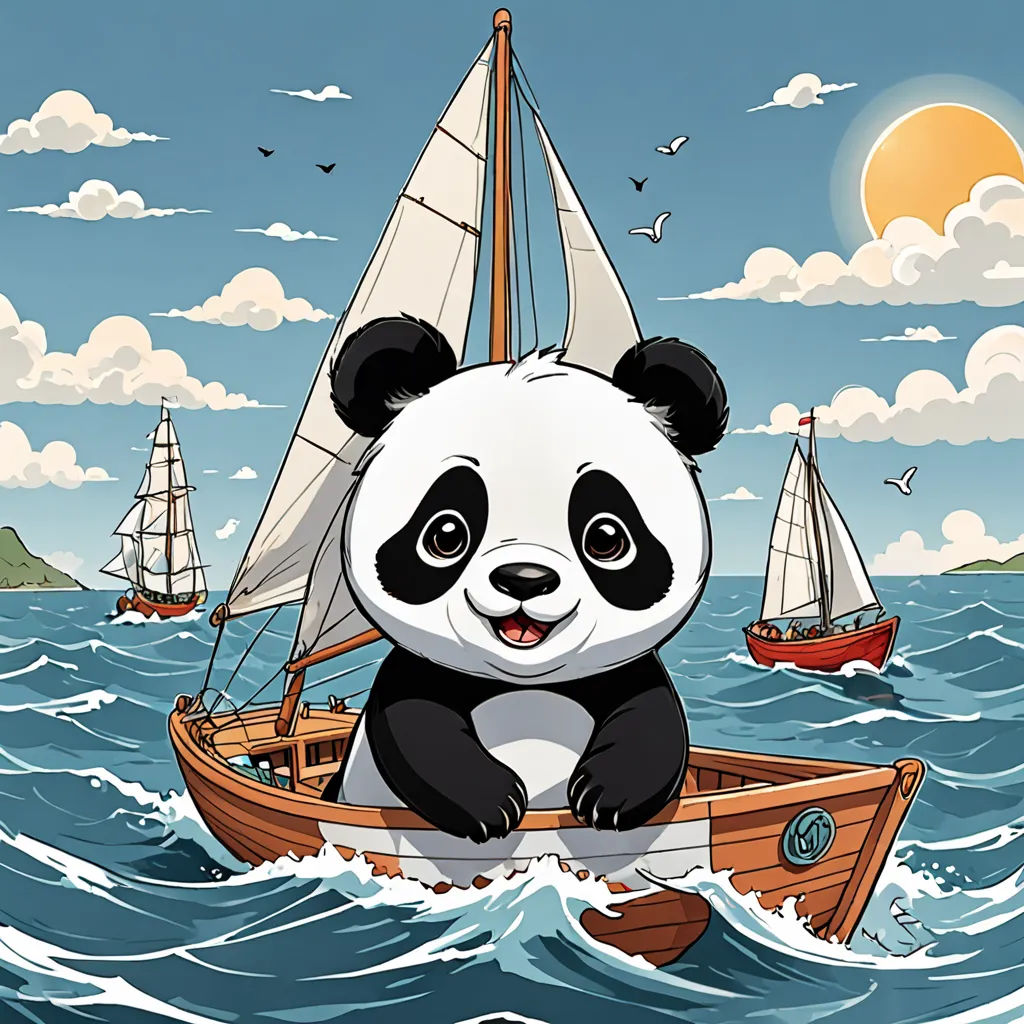 a panda bear is sitting on a boat in the ocean with sailboats in the background and a sun in the sky, pop surrealism, a storybook illustration, Adrian Zingg, storybook illustration