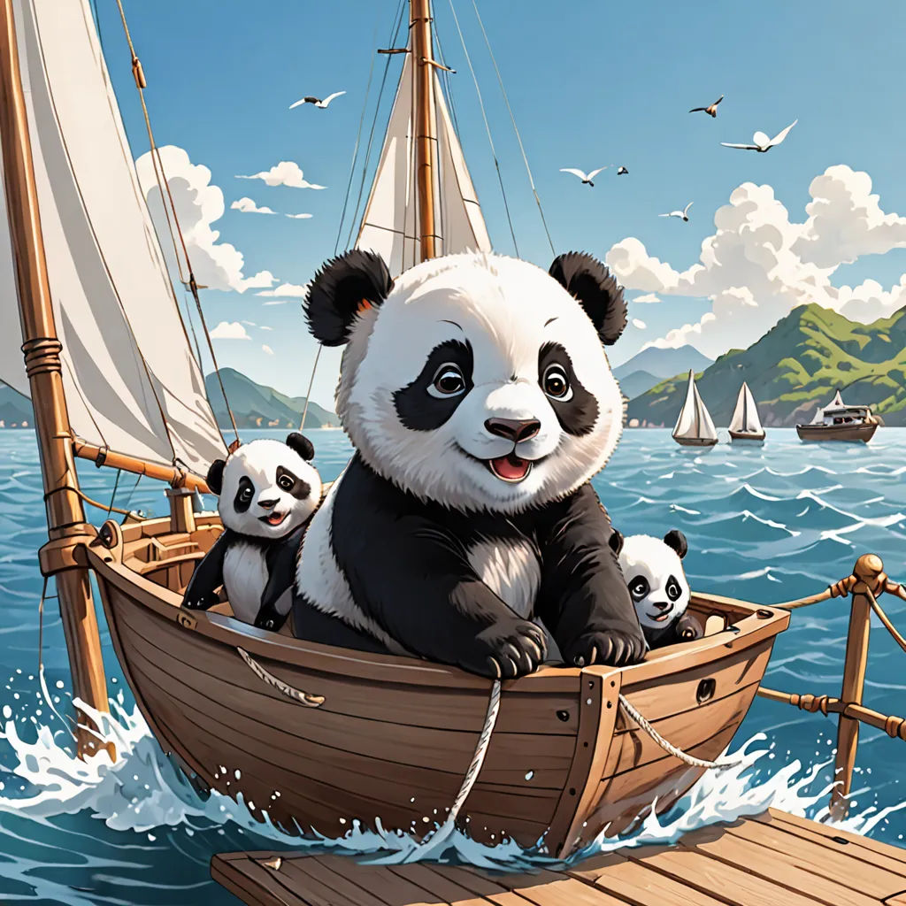 a panda bear sitting on a boat with two pandas in it's back and a boat in the background, fantasy art, a storybook illustration, Chris LaBrooy, highly detailed digital painting