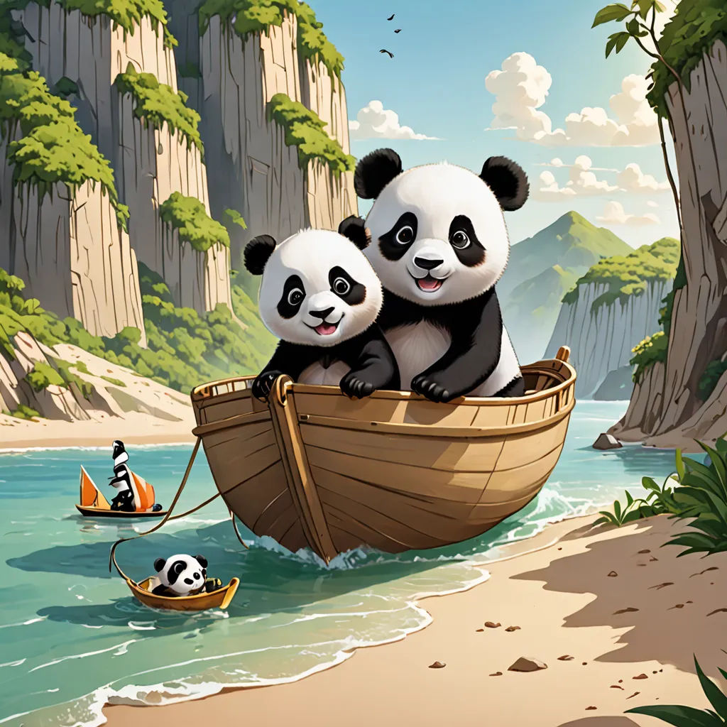 two pandas are sitting on a boat in the water near a beach and a cliff with a boat, fantasy art, a storybook illustration, Cyril Rolando, highly detailed digital painting