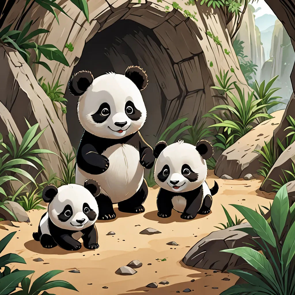 a couple of pandas are standing in the dirt near rocks and trees and plants, and one is holding a stick, furry art, a storybook illustration, Adrian Zingg, official art