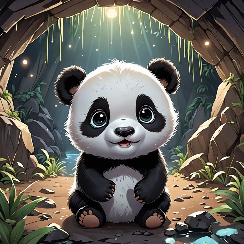 a panda bear sitting in a cave with a light shining down on it's head and eyes, with a star above it, fantasy art, a character portrait, Fan Qi, cute and funny