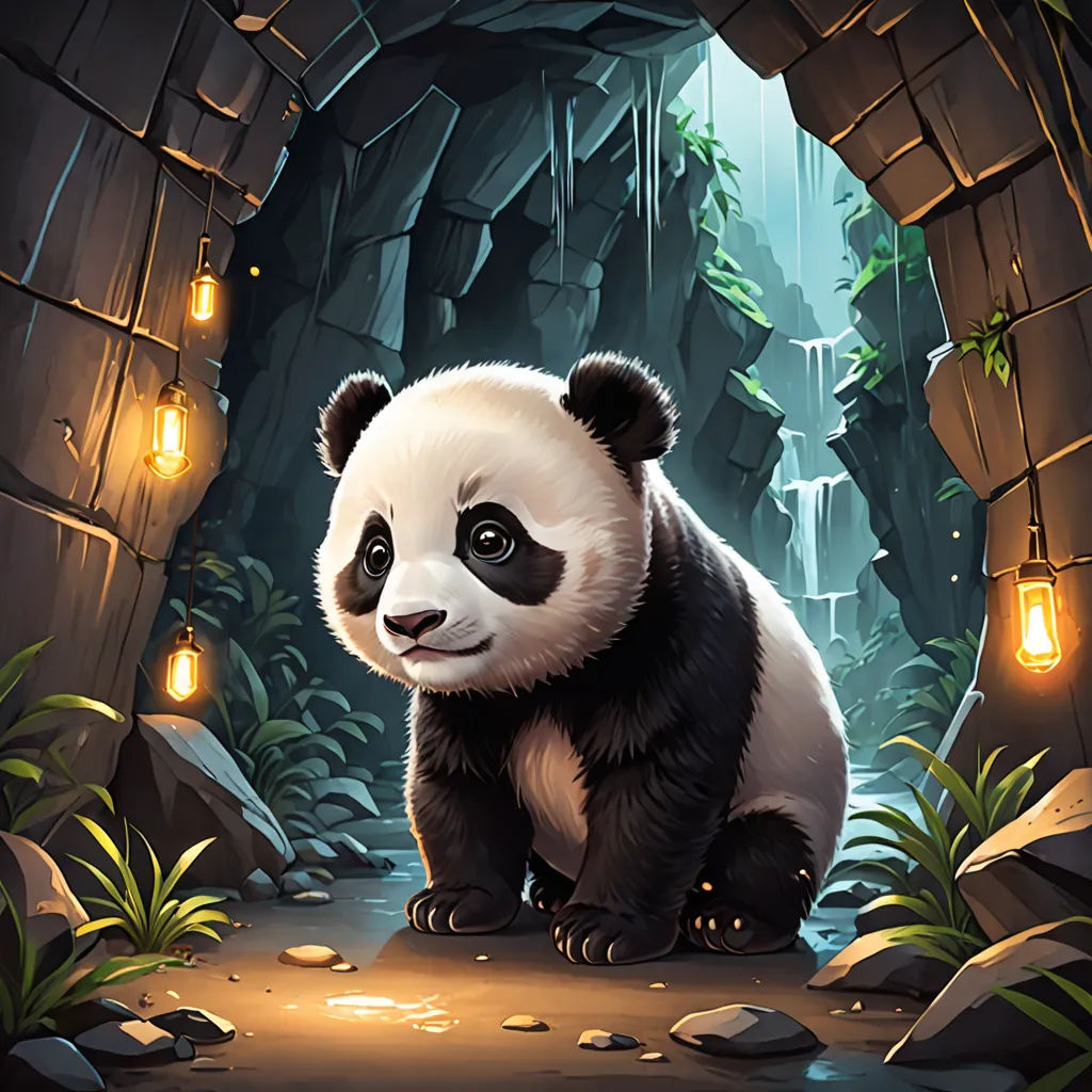 a panda bear sitting in a cave with lights on it's head and a light bulb hanging from the ceiling, fantasy art, a detailed painting, Chris LaBrooy, game art