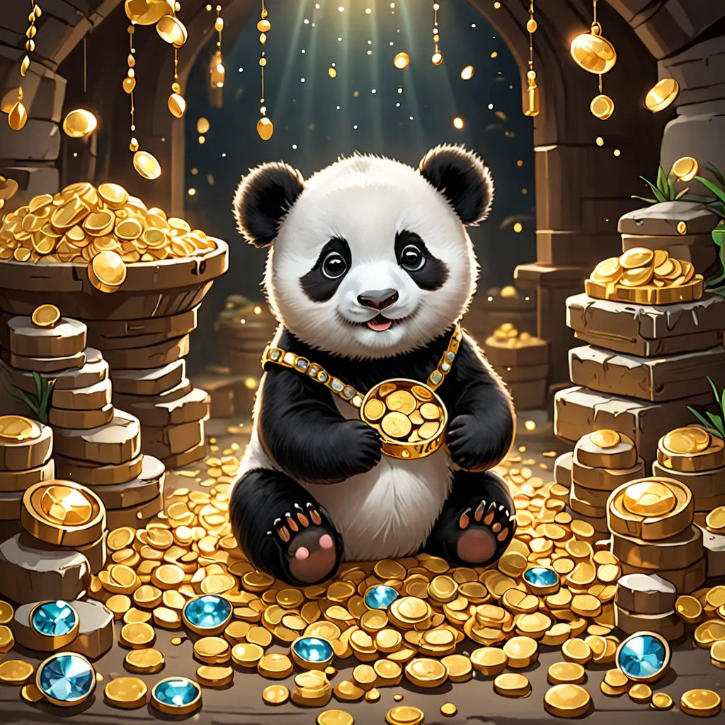a panda bear sitting on a pile of gold coins with a light shining down on it's head, sots art, concept art, Fan Qi, hearthstone
