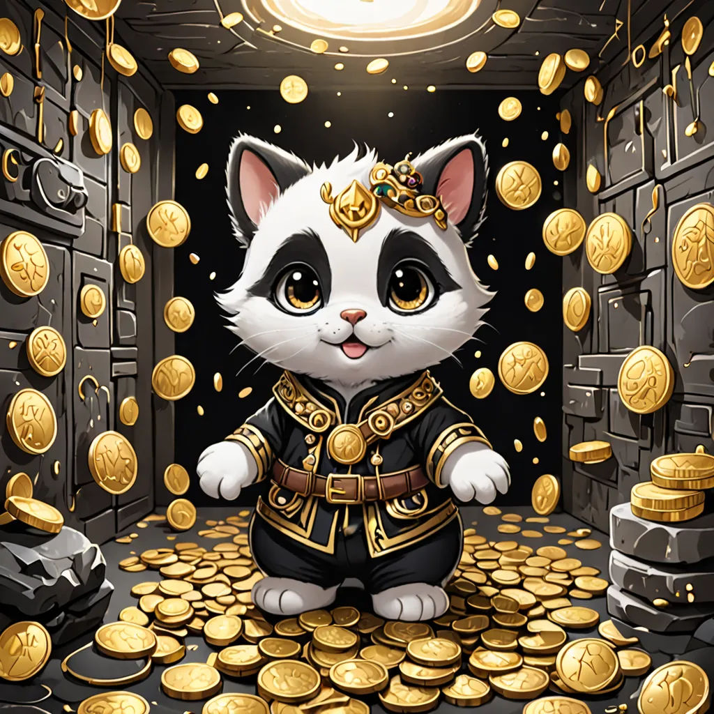 a cat is standing on a pile of gold coins in a room with a light above it and a door, sots art, a character portrait, Fan Qi, game art