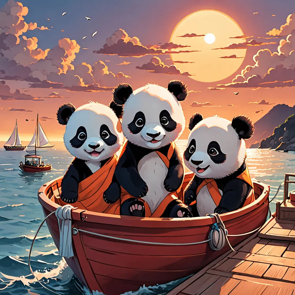 three pandas are riding in a boat on the water at sunset with a boat in the background and a boat in the foreground, fantasy art, a storybook illustration, Dan Mumford, league of legends splash art