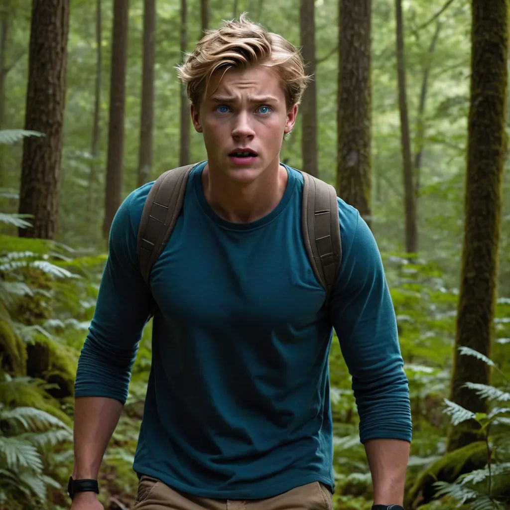 a man in a blue shirt is walking through the woods with a backpack on his back and a backpack on his shoulder, tachisme, a poster, Adam Rex, promotional image