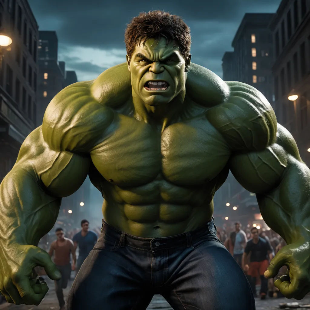 a man in a green suit and a hulk face in a city street at night with people around him, photorealism, a computer rendering, Americo Makk, vfx