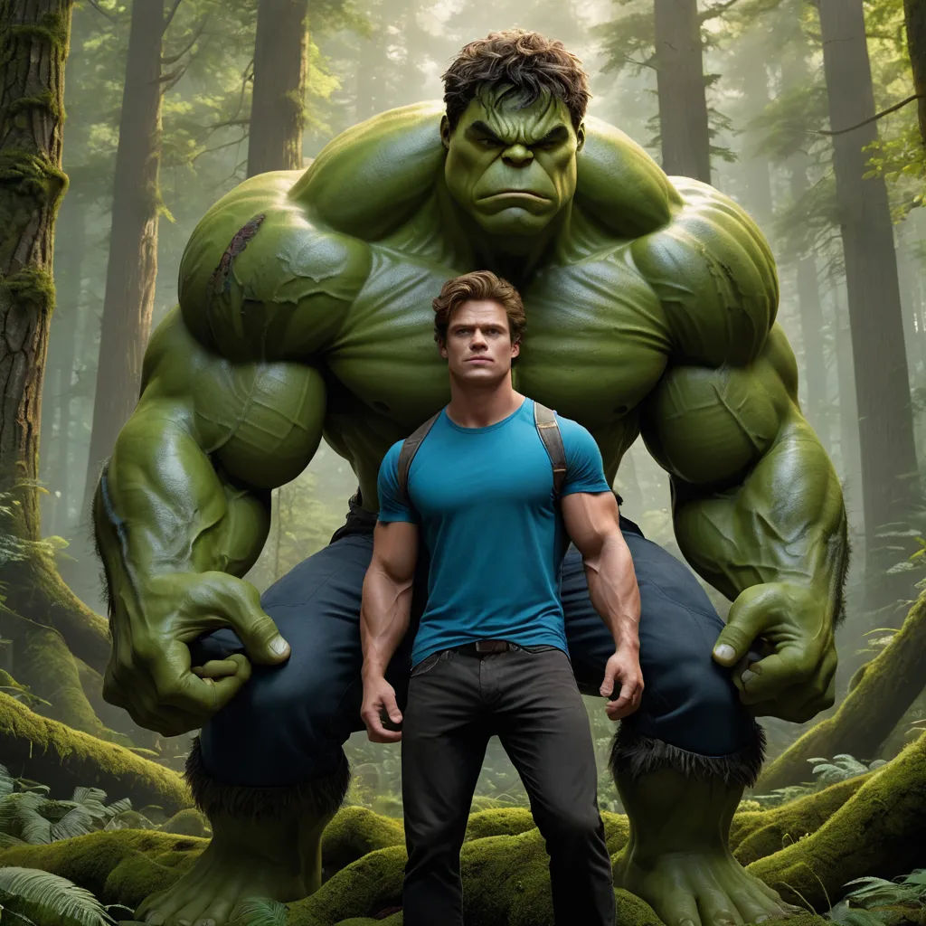 a man standing in front of a giant green monster in the woods with a man on his back in front of him, photorealism, a poster, David Budd, imax 70 mm footage