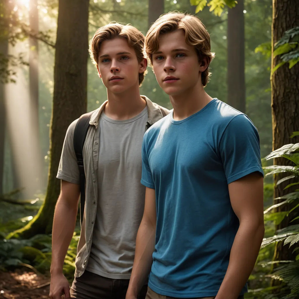 two young men standing in the woods with sunlight shining through the trees behind them and a forest floor behind them, naturalism, a poster, Cedric Seaut (Keos Masons), promotional image