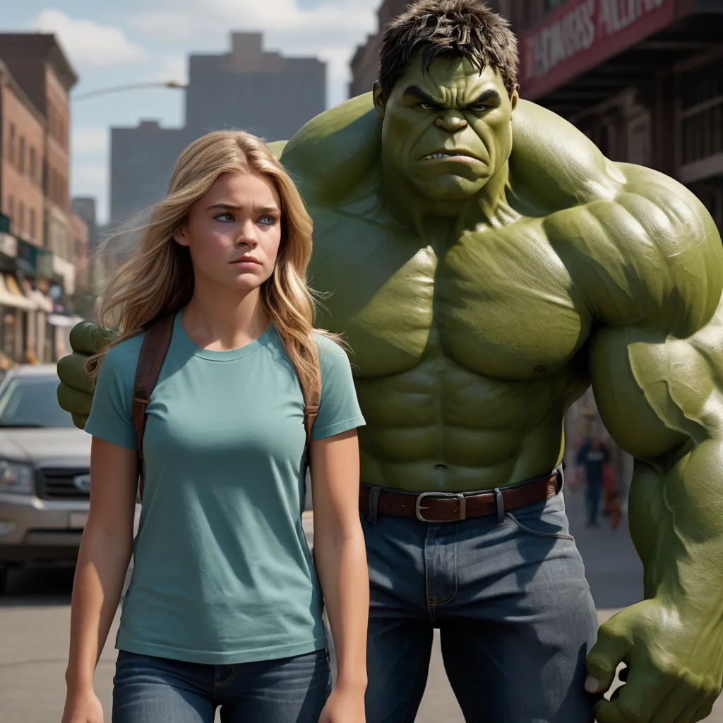 a woman standing next to a giant hulk statue in a city street with a man in the background looking at her, hyperrealism, a screenshot, Americo Makk, vfx