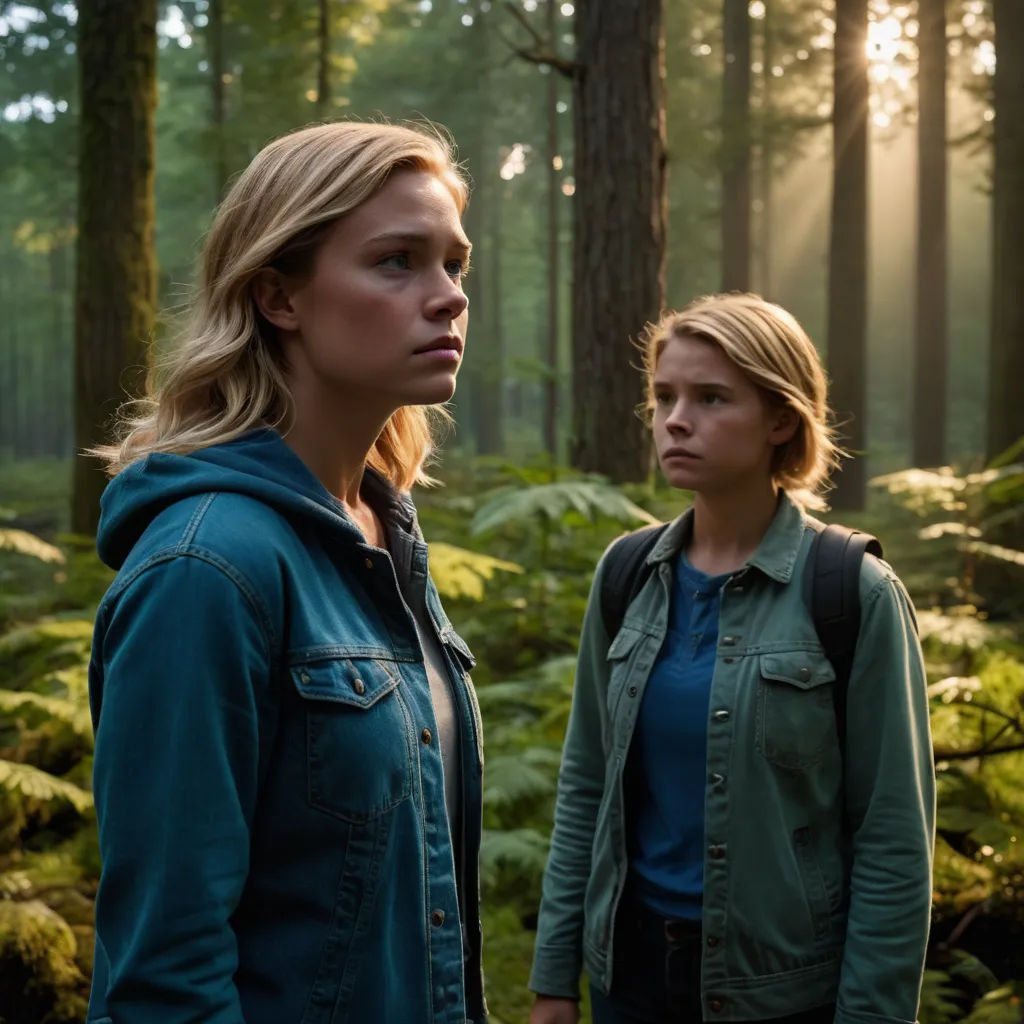 two women standing in the woods looking at each other with sunlight streaming through the trees behind them and a forest of ferns, naturalism, a poster, Christabel Dennison, promotional image