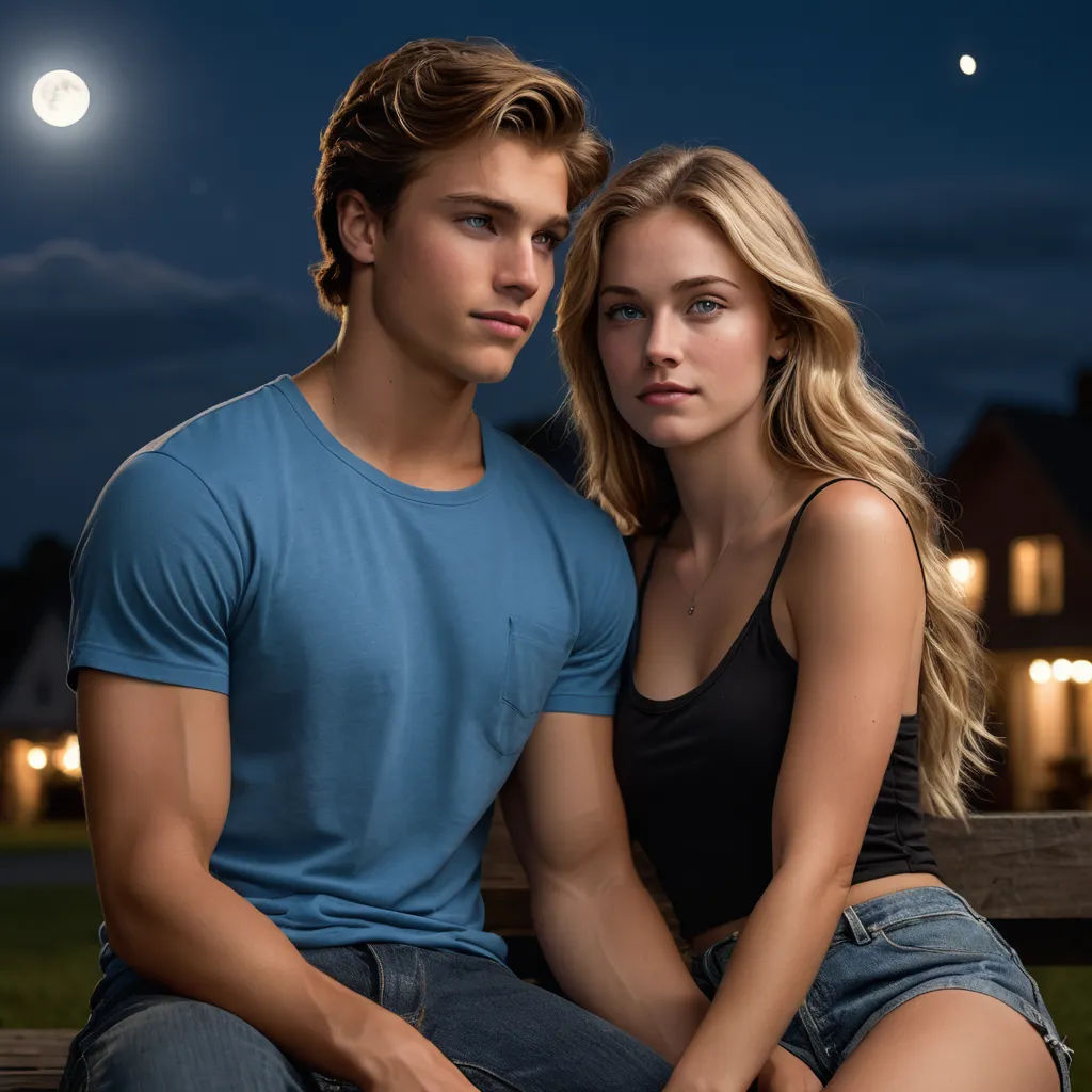 a man and a woman sitting on a bench at night with the moon in the background and a building in the background, american scene painting, a photorealistic painting, Brad Holland, promotional image