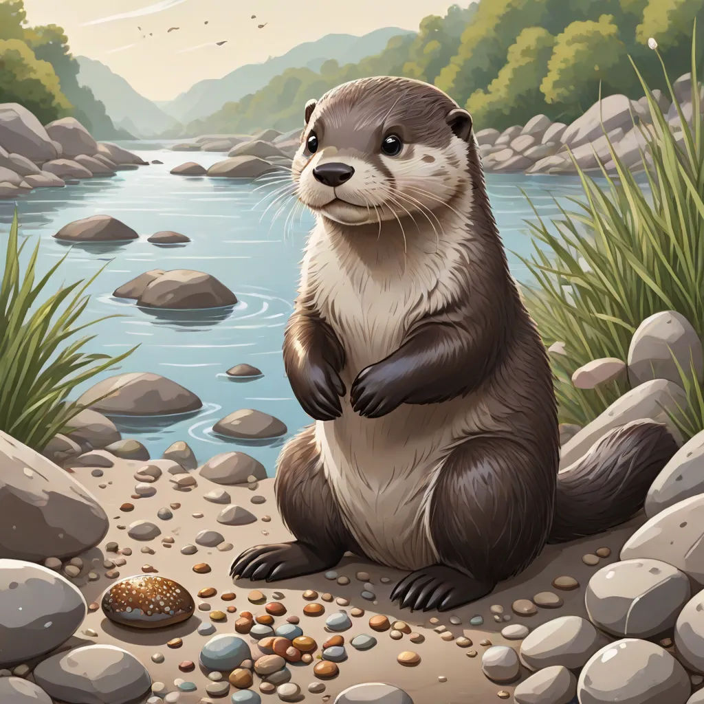 a cartoon otter sitting on a rocky shore by a river with a bird in it's hand and a bird seed in its mouth, a storybook illustration, Chris LaBrooy, sots art, official art
