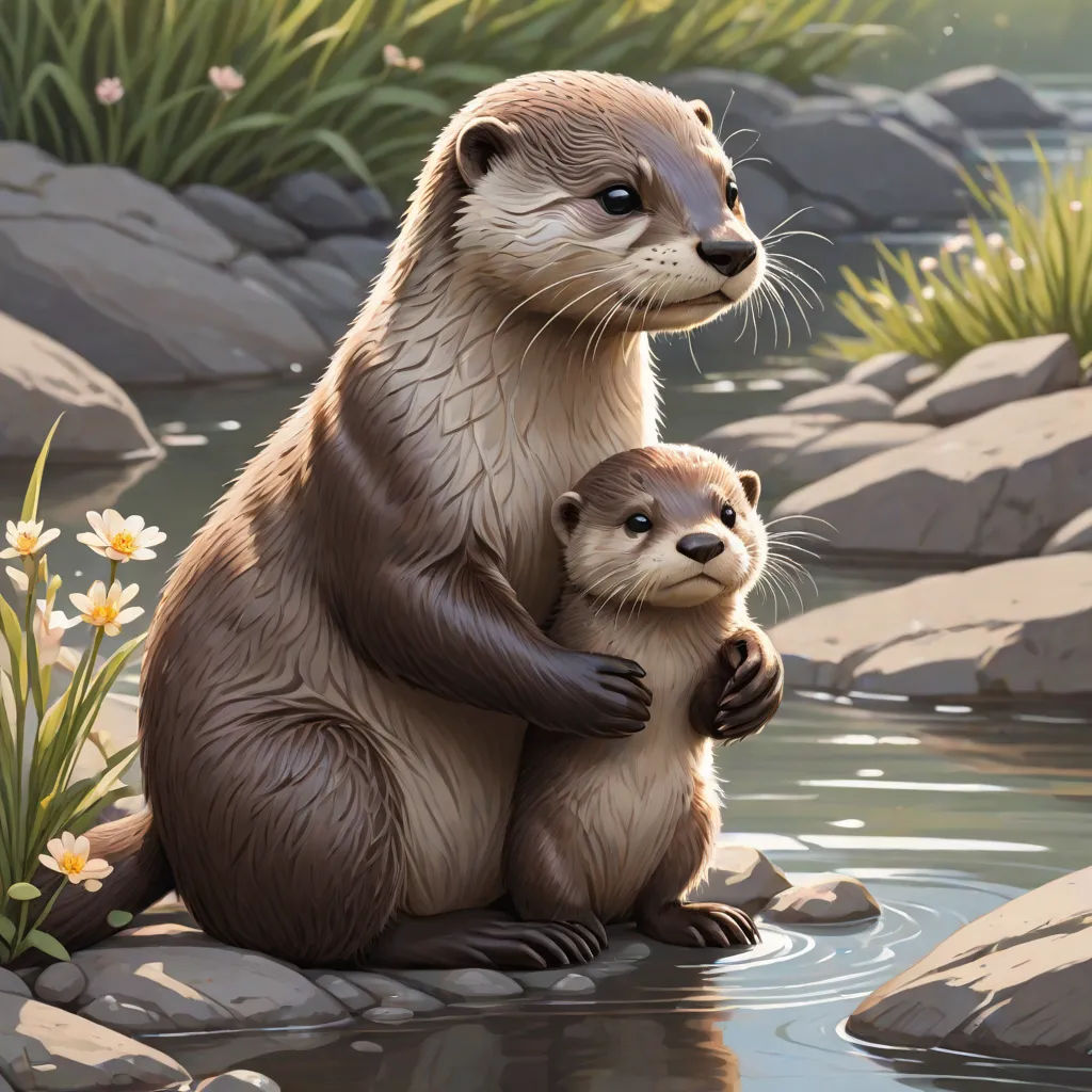 a mother otter holding her baby in her arms by a river with daisies in the background and rocks in the foreground, a fine art painting, Dan Mumford, sots art, official art