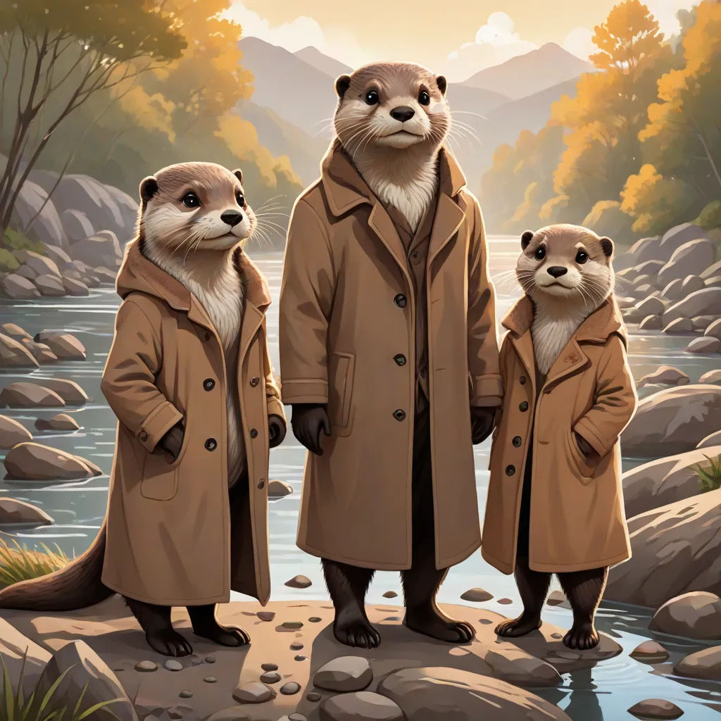 a painting of two otters in coats standing on a rocky shore with a river in the background and a mountain range in the background, an oil painting, F Scott Hess, furry art, official art
