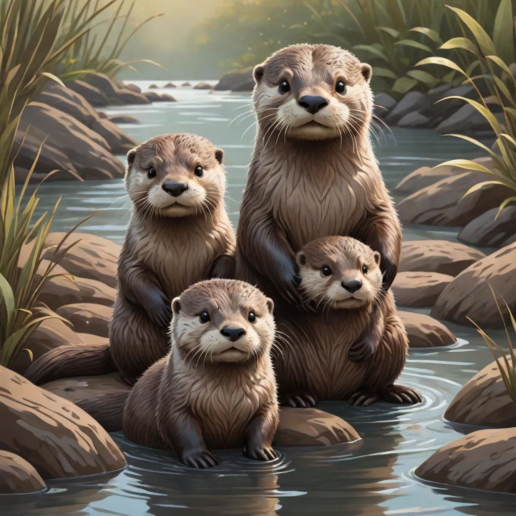a painting of three otters sitting on rocks in a river with grass and rocks in the background and a sun shining on the ground, an oil painting, Dan Mumford, sots art, extremely detailed oil painting